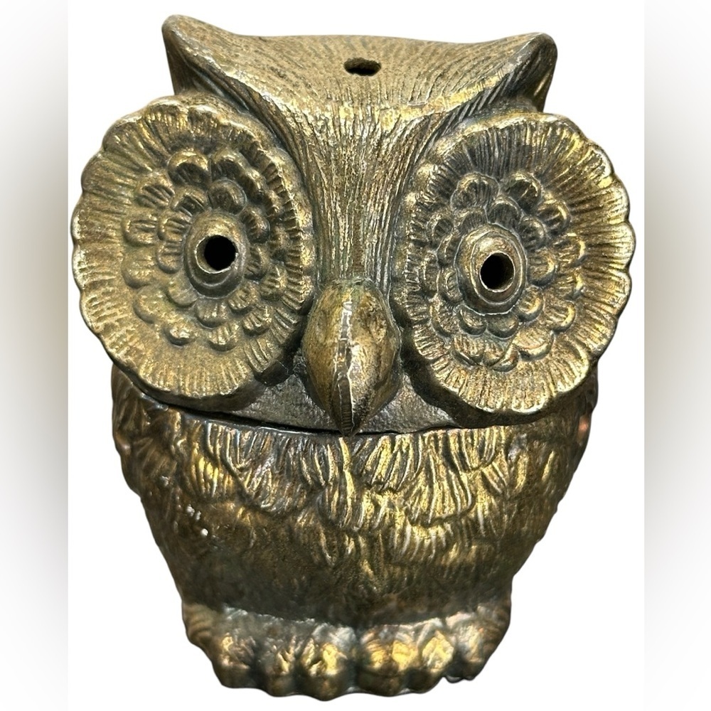 Vtg Cast Bronze Owl Incense Burner Figurine Great Horned Owl MCM‎